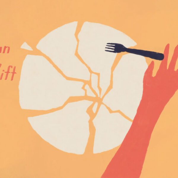 Painted image of a hand dropping a fork onto a broken plate
