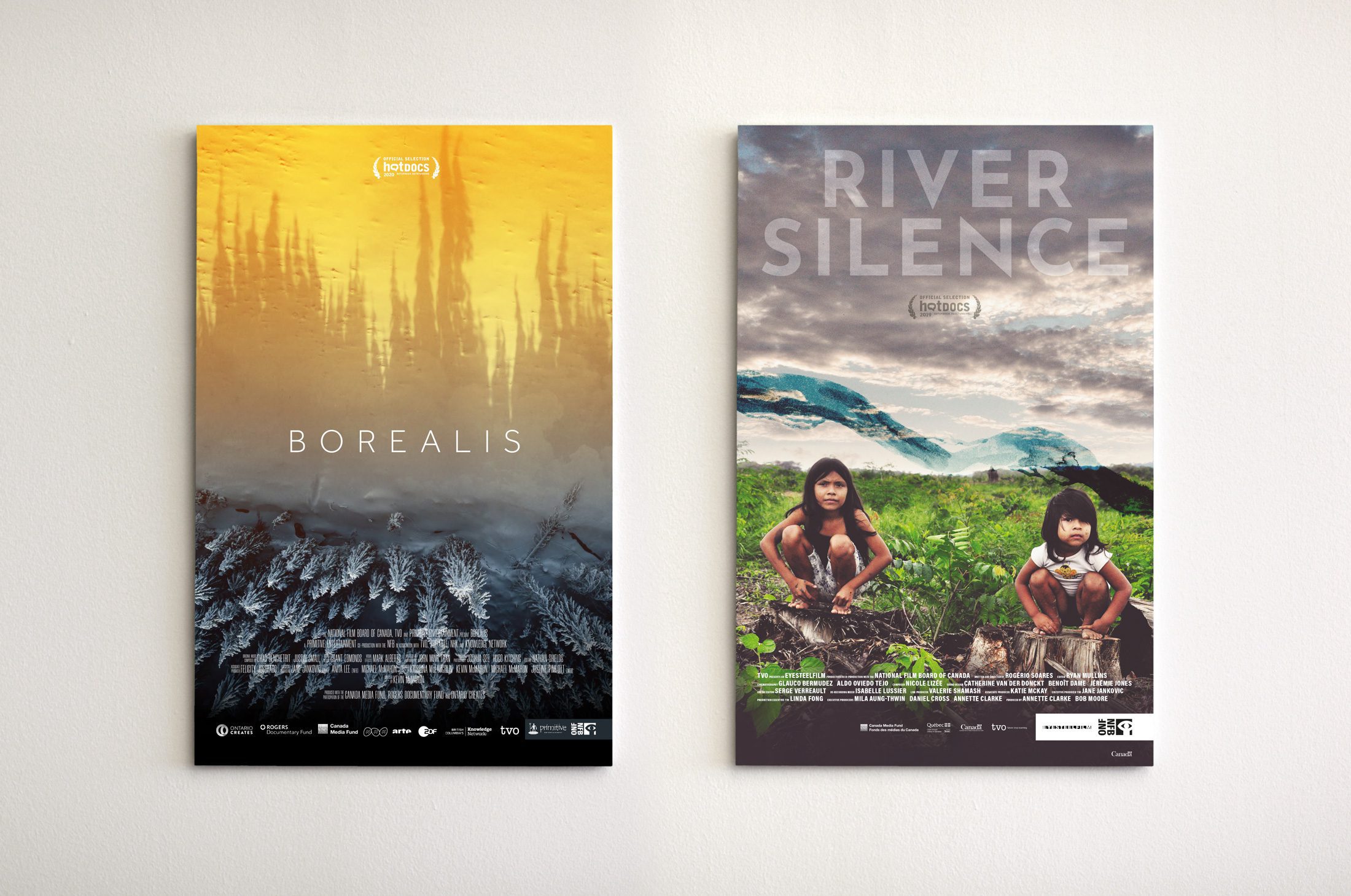 Poster for films Borealis and River Silence on a white wall