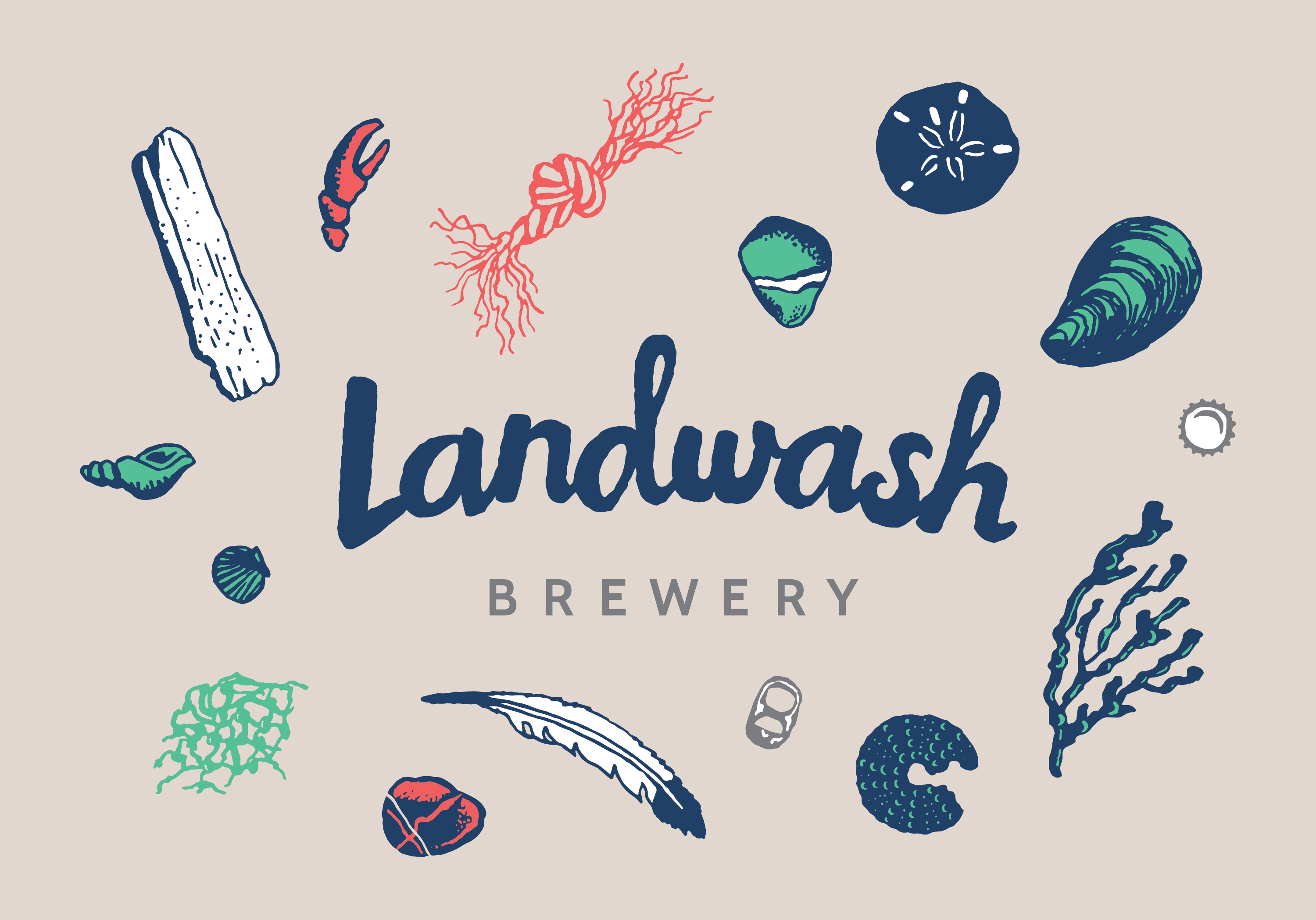 Landwash logo with illustrations of items that wash up on Newfoundland beaches