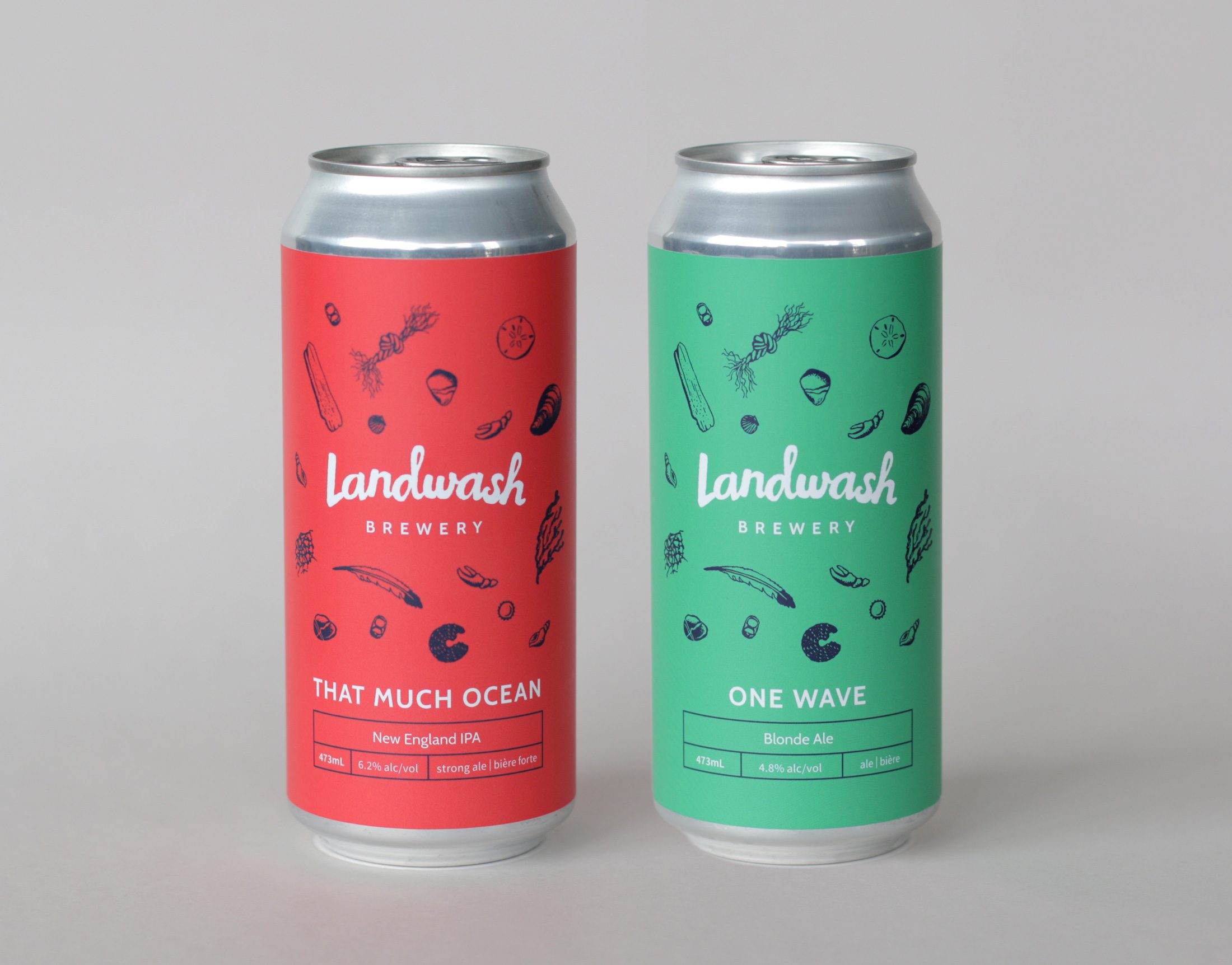 Two cans of Landwash beer on a grey background