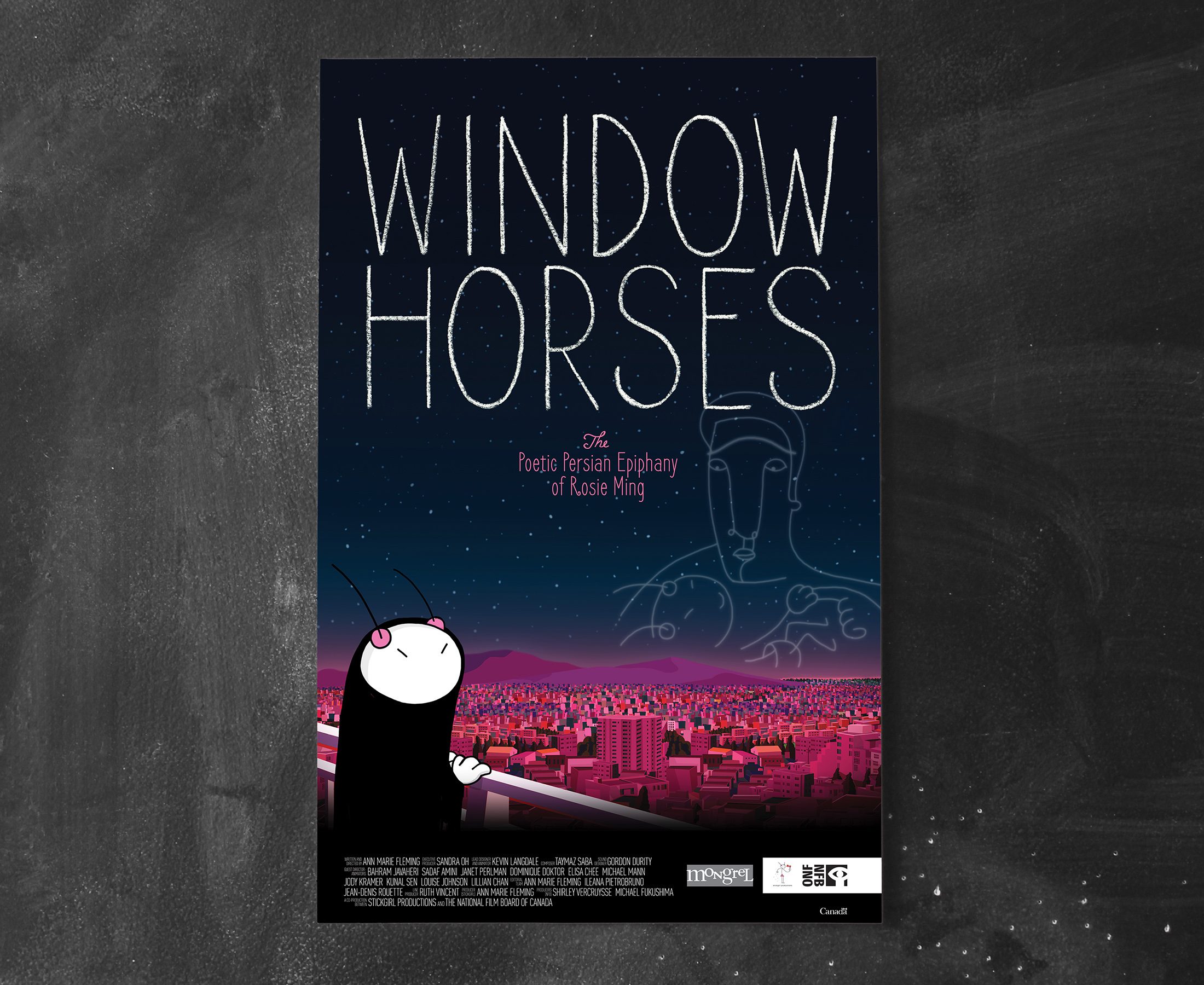 Poster for the film Window Horses on a dark chalkboard background