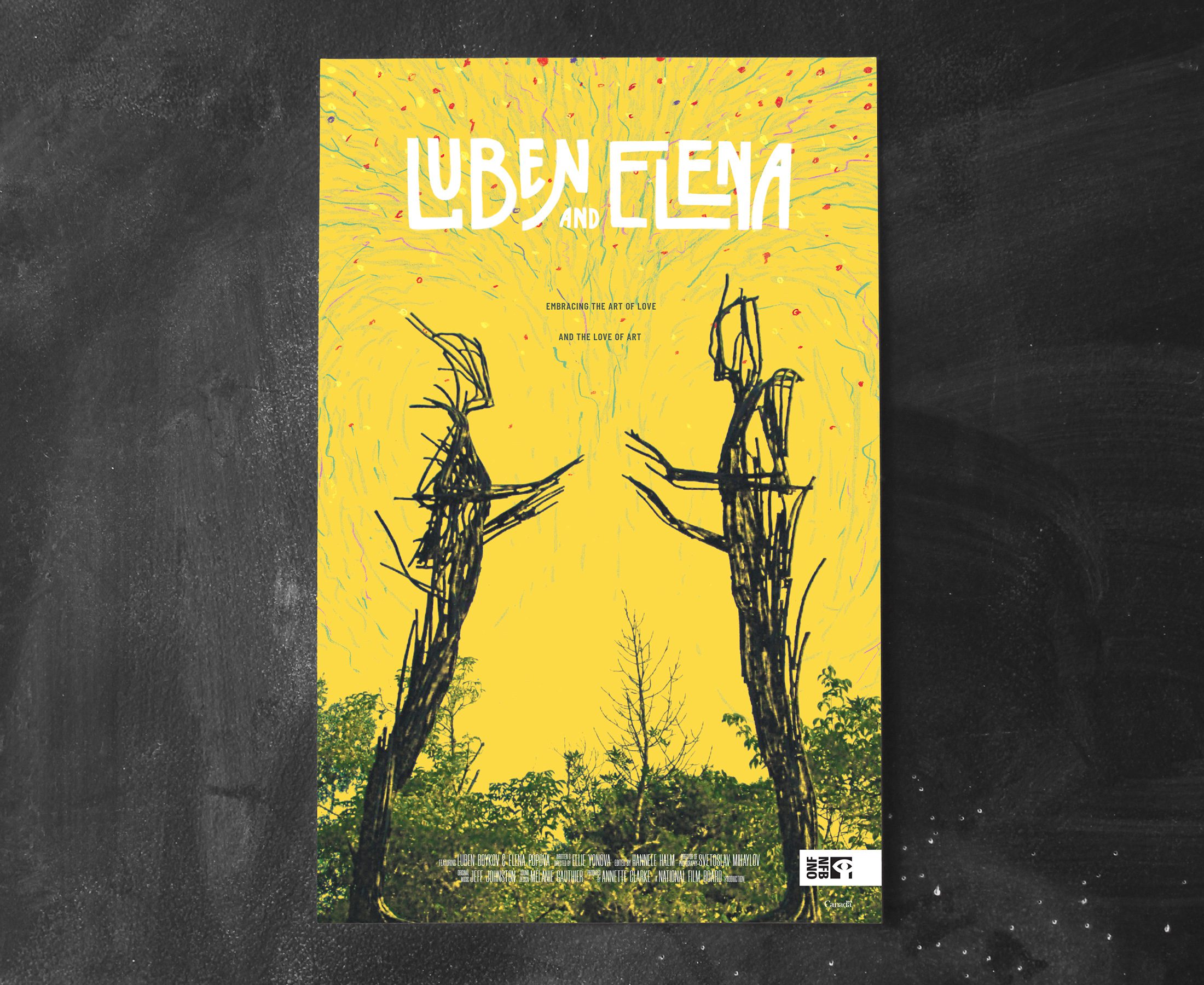 Yellow poster for film Luben and Elena on a dark chalkboard background