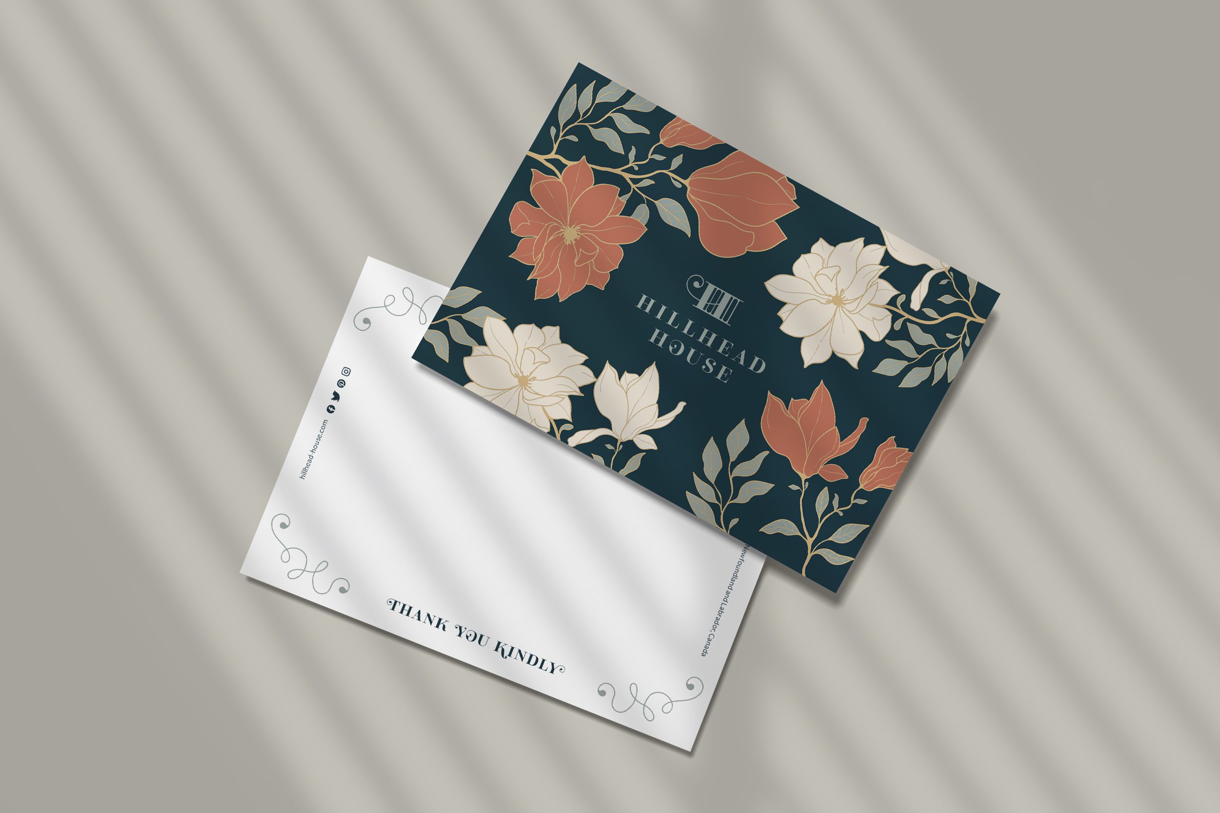 A postcard for Hillhead House shop with a strong floral pattern on the front