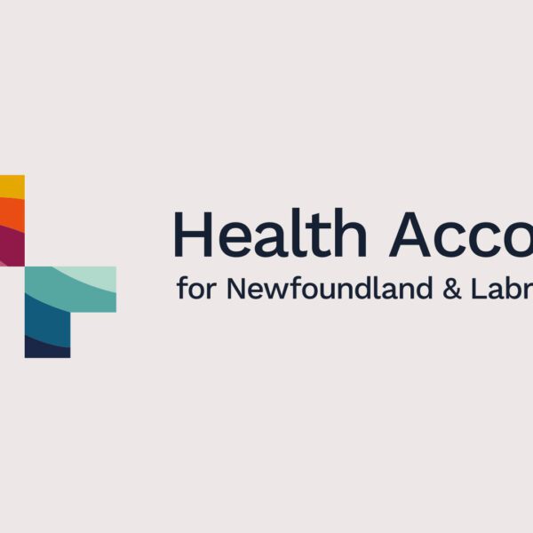 Logomark of a stylized health plus sign with striations of colour in warm and cool tones. Text reads: Health Accord for Newfoundlan d Labrador