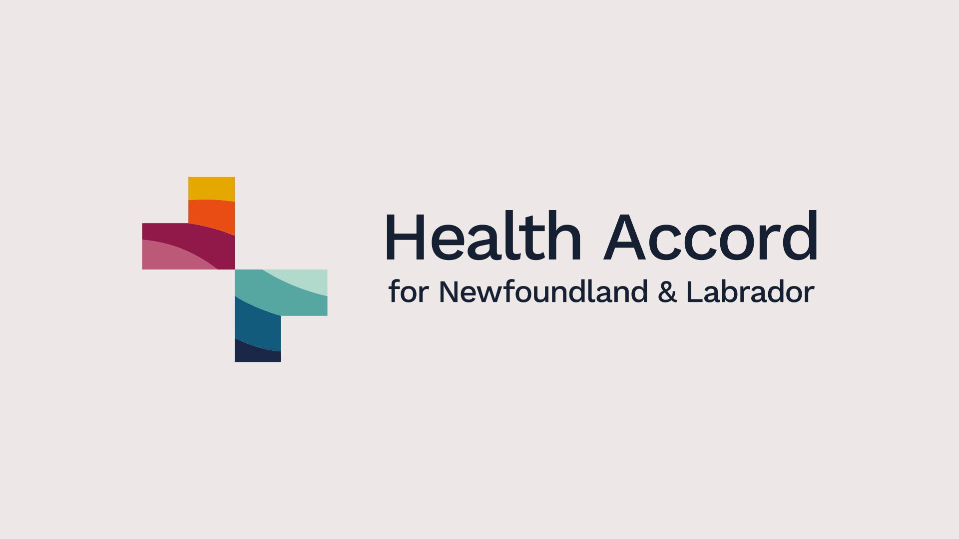 Logomark of a stylized health plus sign with striations of colour in warm and cool tones. Text reads: Health Accord for Newfoundlan d Labrador